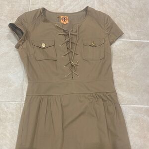 Tory Burch Taupe Lace-Up Short Sleeve Mini Dress